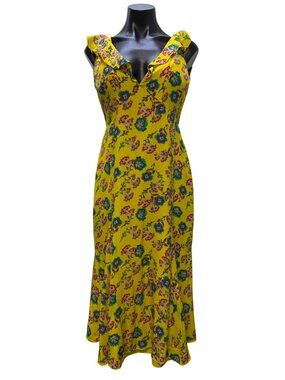 Saloni Holly Yellow Floral Ruffle Silk Midi Dress Size 4